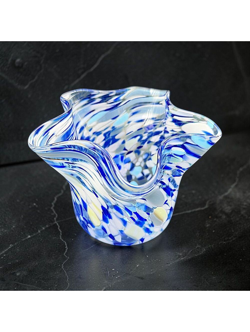 Vintage Signed Hand Blown Confetti Ruffled Art Glass Bowl Handkerchief Vase 4"